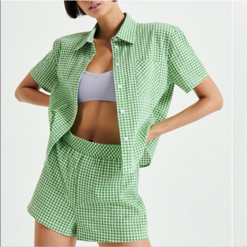 Sunday Best Aritzia Green Gingham Seersucker Button Up Top Size Small. Like New